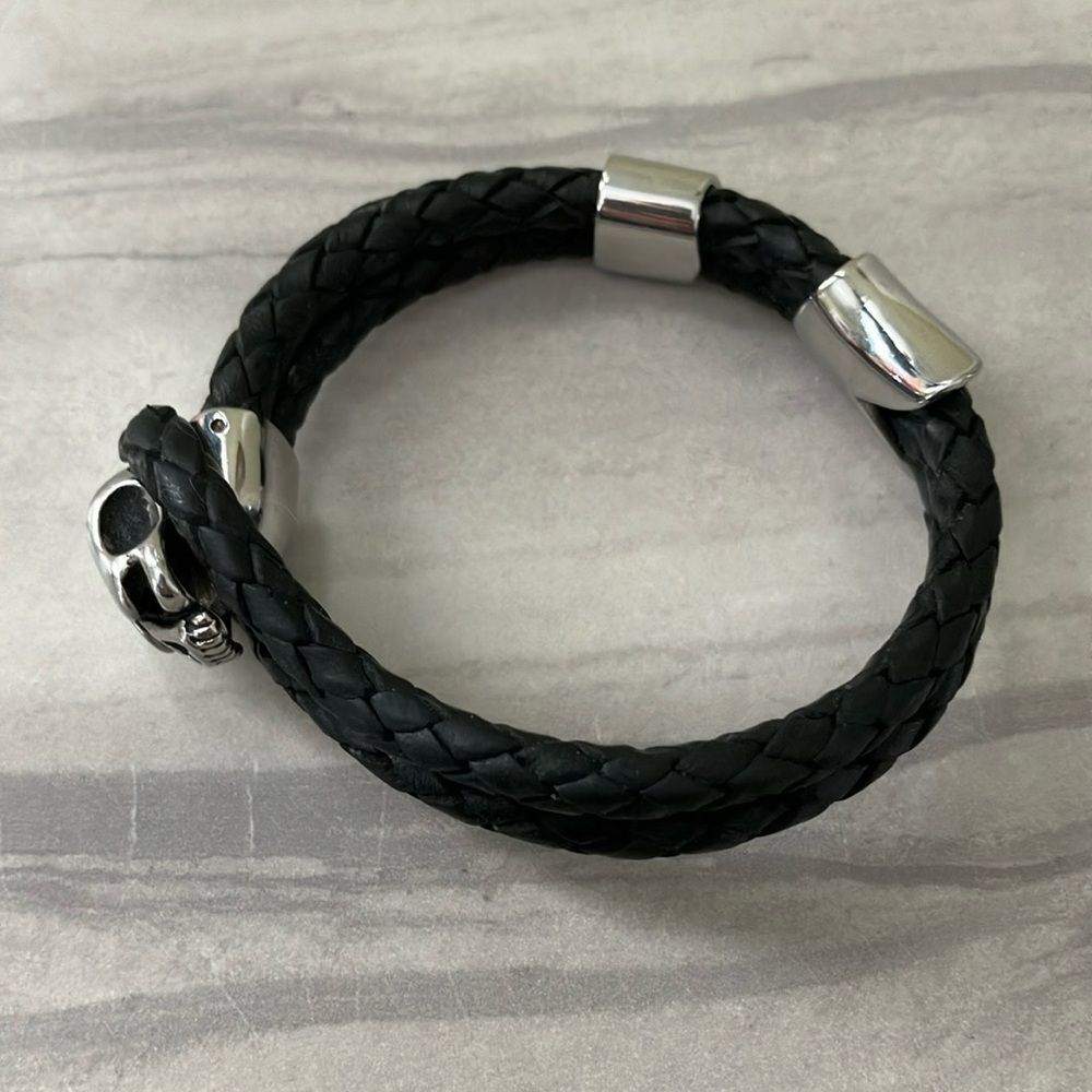 Edgy Black Braided Bracelet with Silver Skull